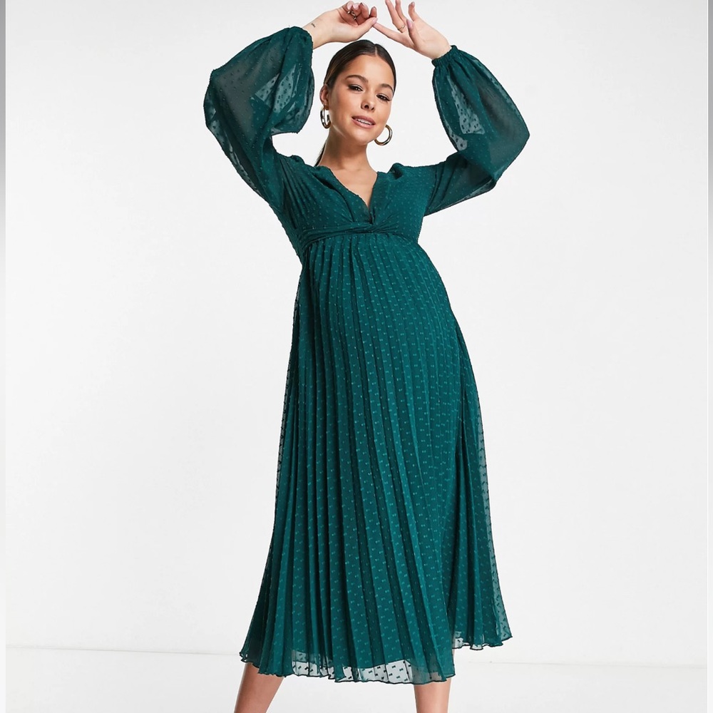ASOS DESIGN Maternity textured twist front pleated midi dress in forest green